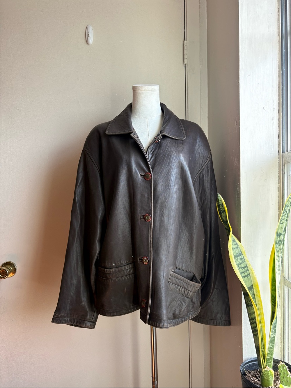vintage brown mocha button front distressed leather jacket